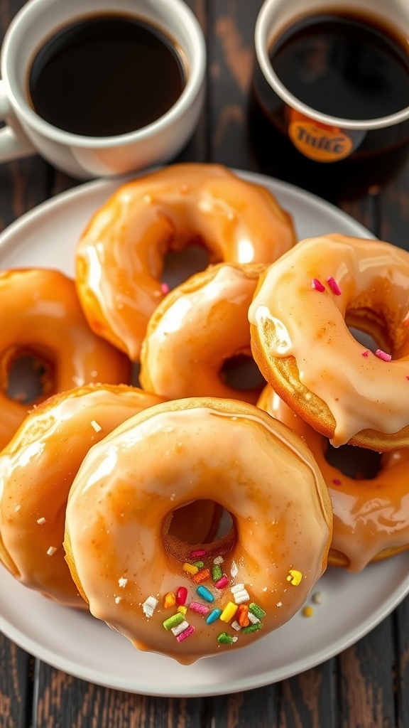 Plate of baked vanilla donuts with glaze and colorful toppings, accompanied by a cup of coffee.